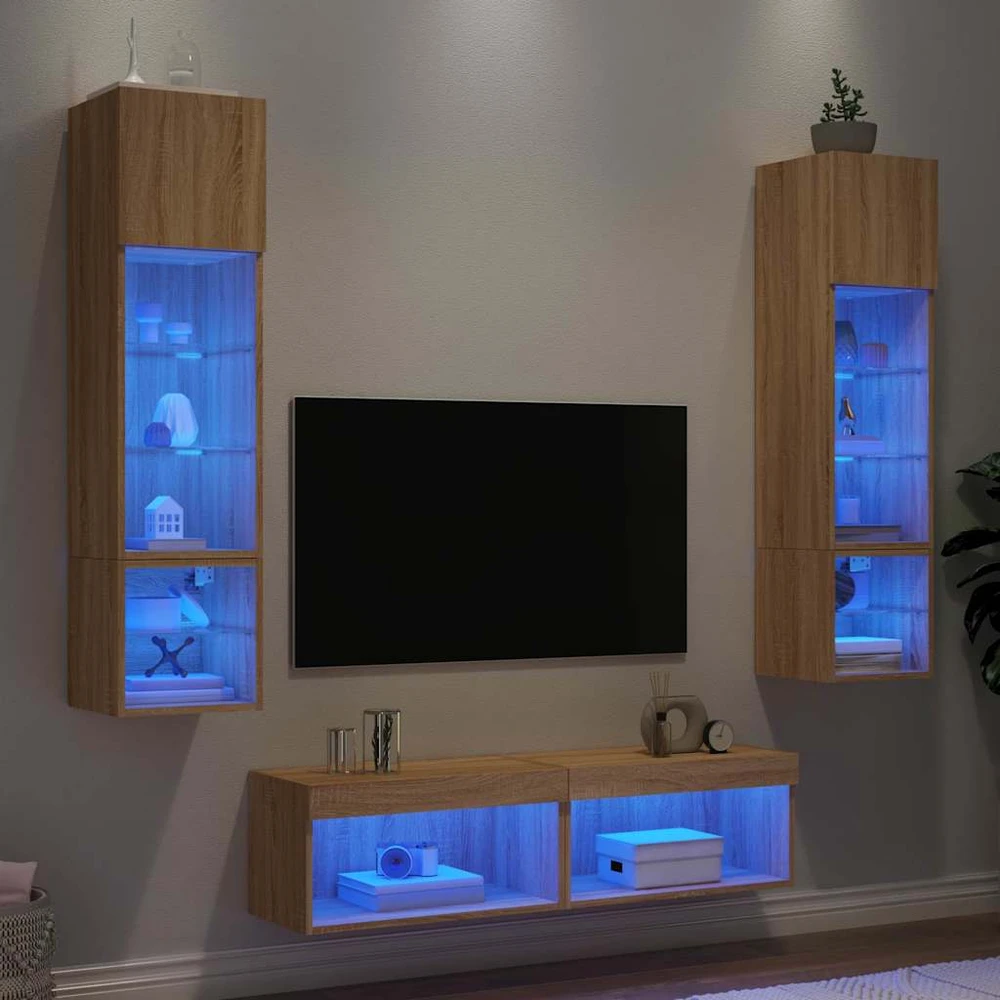 TV staliukas Sieninė TV sekcija su LED, 6 dalių, ąžuolo, apdirbta mediena