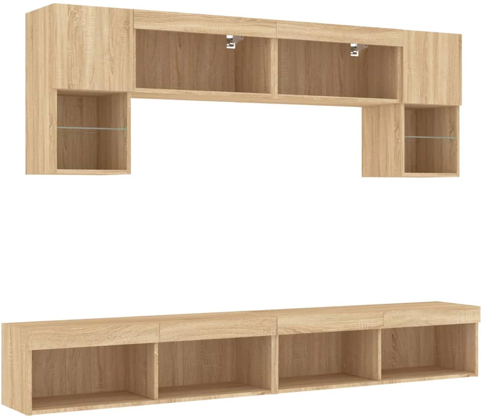 TV staliukas Sieninė TV sekcija su LED, 6 dalių, ąžuolo, apdirbta mediena