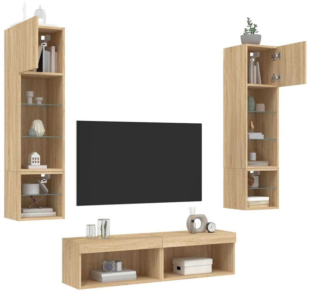 TV staliukas Sieninė TV sekcija su LED, 6 dalių, ąžuolo, apdirbta mediena