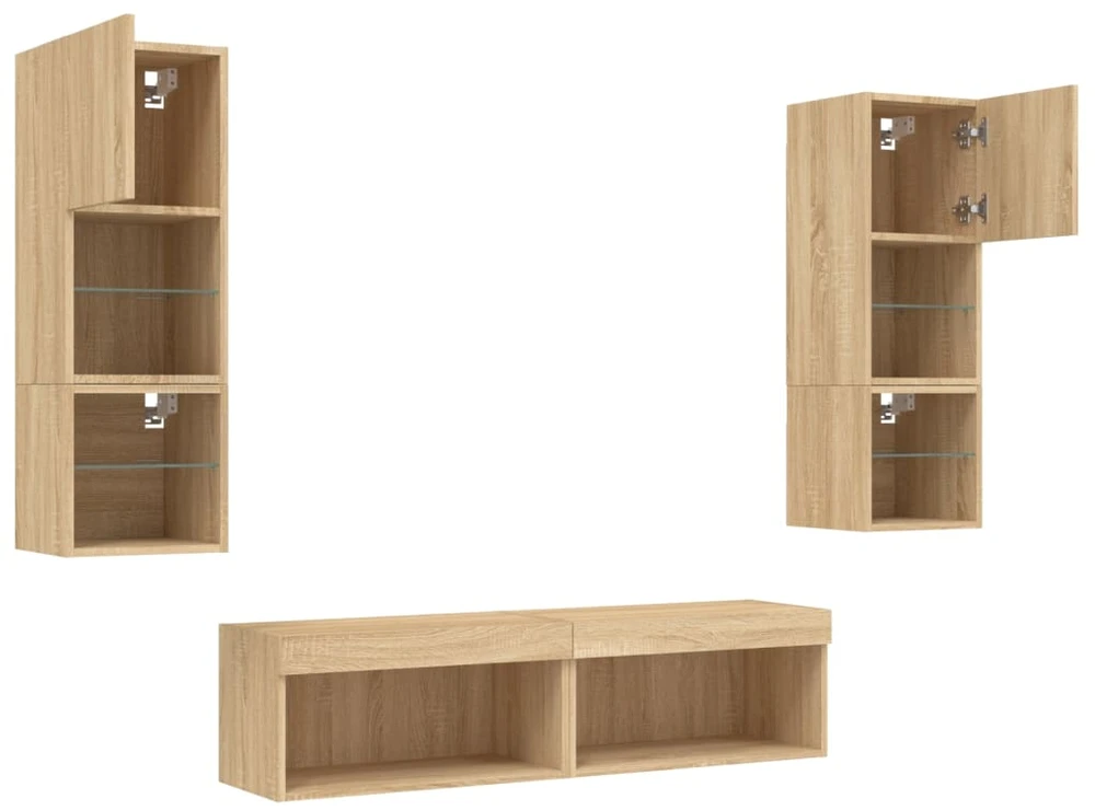 TV staliukas Sieninė TV sekcija su LED, 6 dalių, ąžuolo, apdirbta mediena