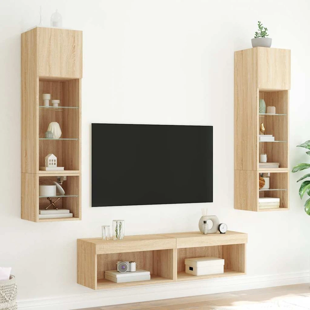 TV staliukas Sieninė TV sekcija su LED, 6 dalių, ąžuolo, apdirbta mediena