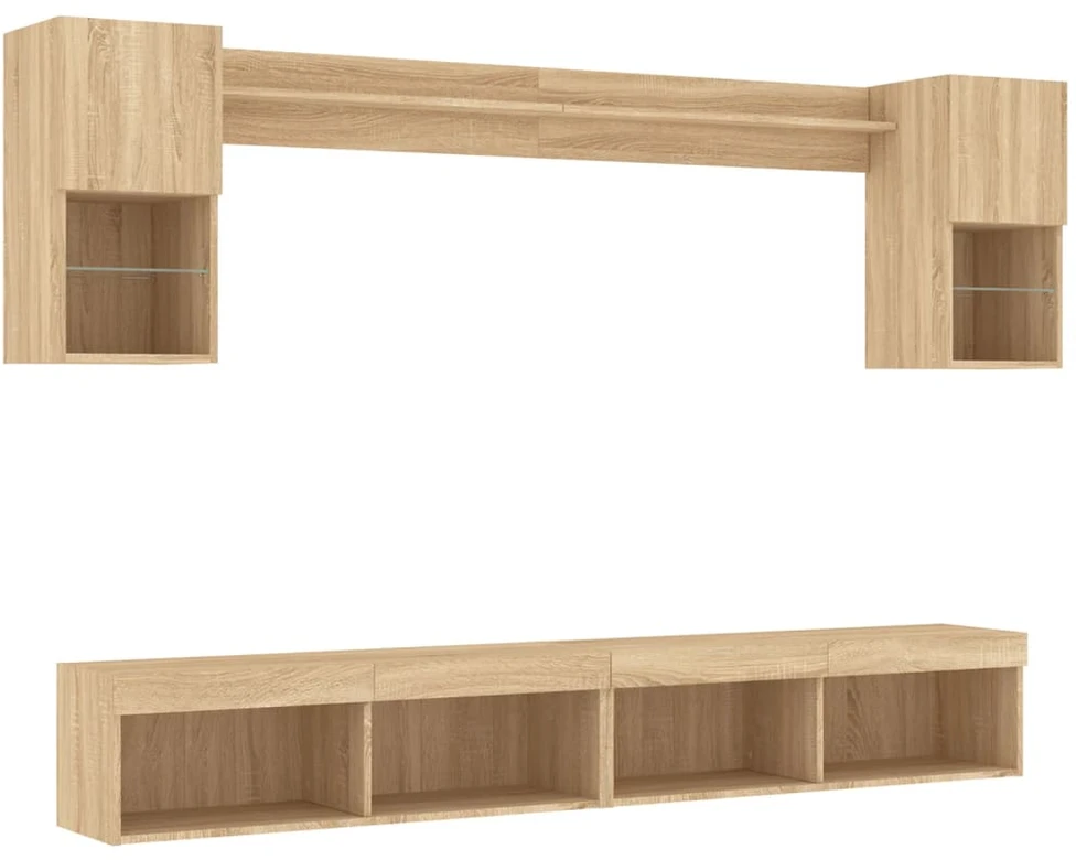 TV staliukas Sieninė TV sekcija su LED, 6 dalių, ąžuolo, apdirbta mediena