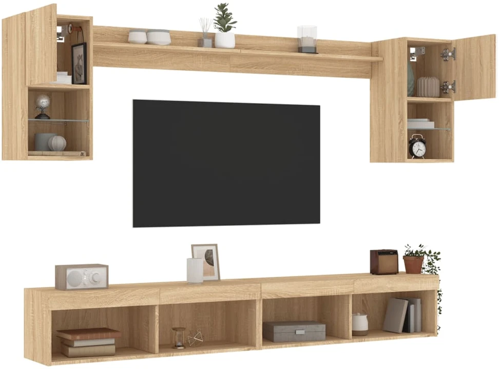 TV staliukas Sieninė TV sekcija su LED, 6 dalių, ąžuolo, apdirbta mediena