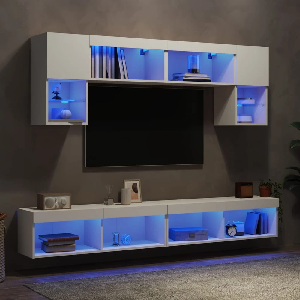 TV staliukas Sieninė TV sekcija su LED, 6 dalių, balta, apdirbta mediena