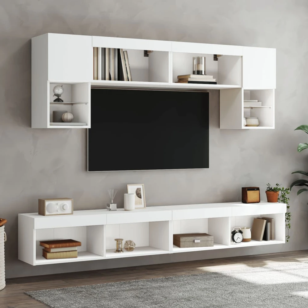 TV staliukas Sieninė TV sekcija su LED, 6 dalių, balta, apdirbta mediena