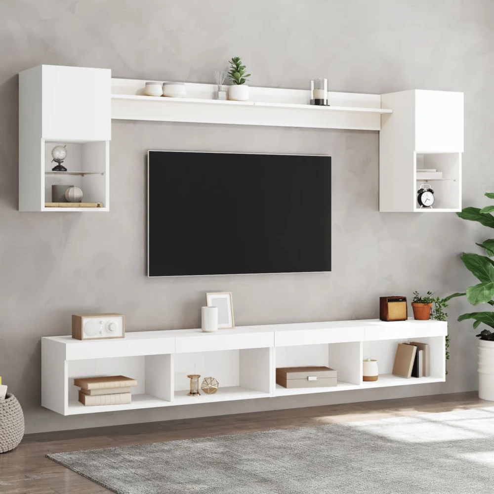 TV staliukas Sieninė TV sekcija su LED, 6 dalių, balta, apdirbta mediena