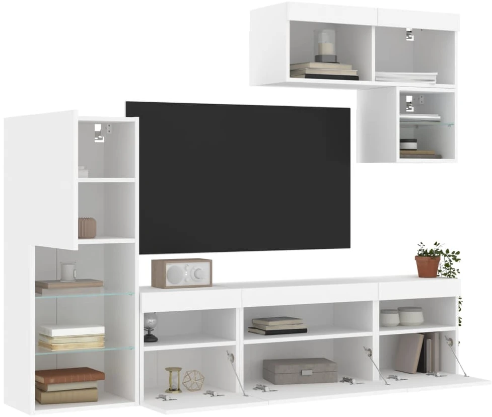 TV staliukas Sieninė TV sekcija su LED, 6 dalių, balta, apdirbta mediena