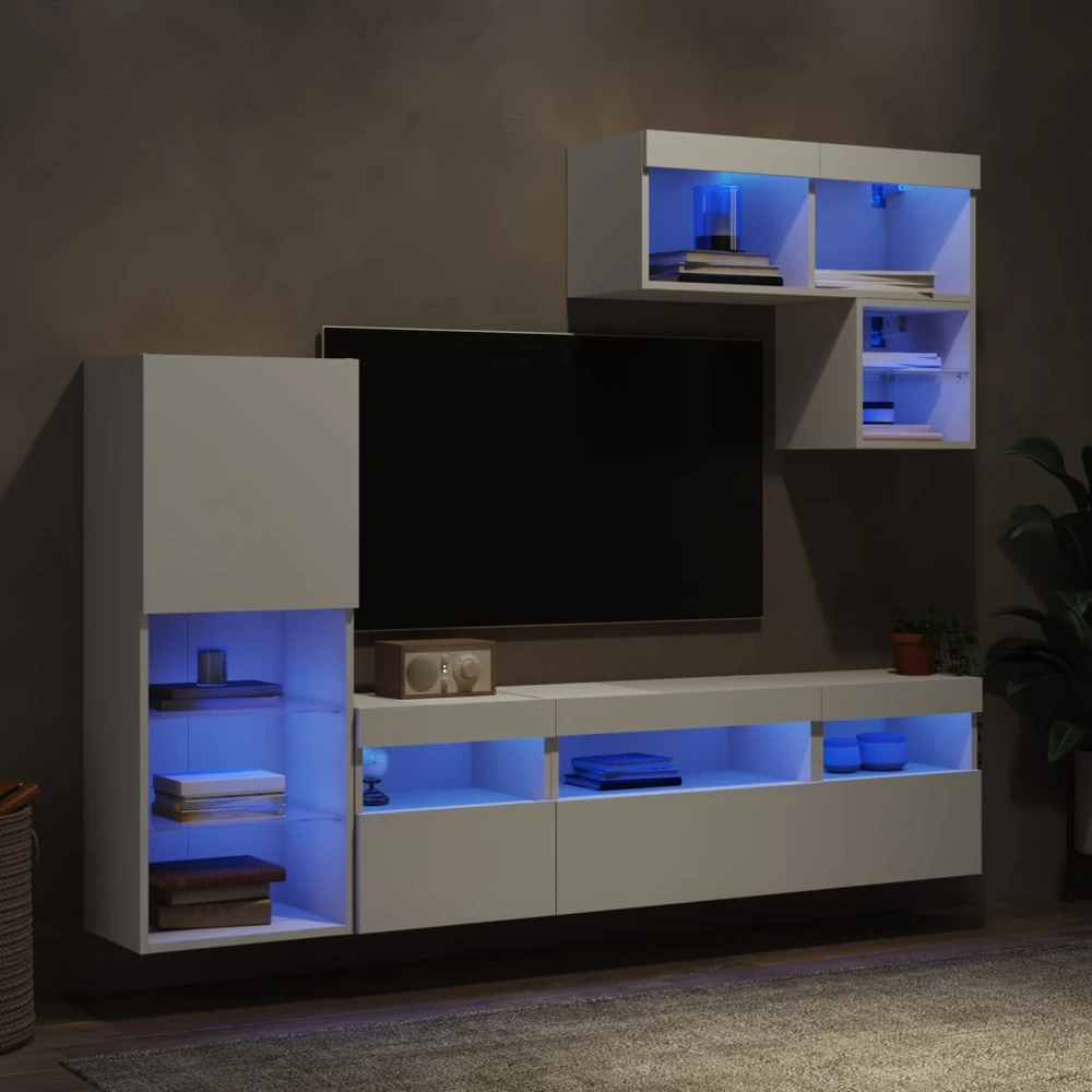 TV staliukas Sieninė TV sekcija su LED, 6 dalių, balta, apdirbta mediena