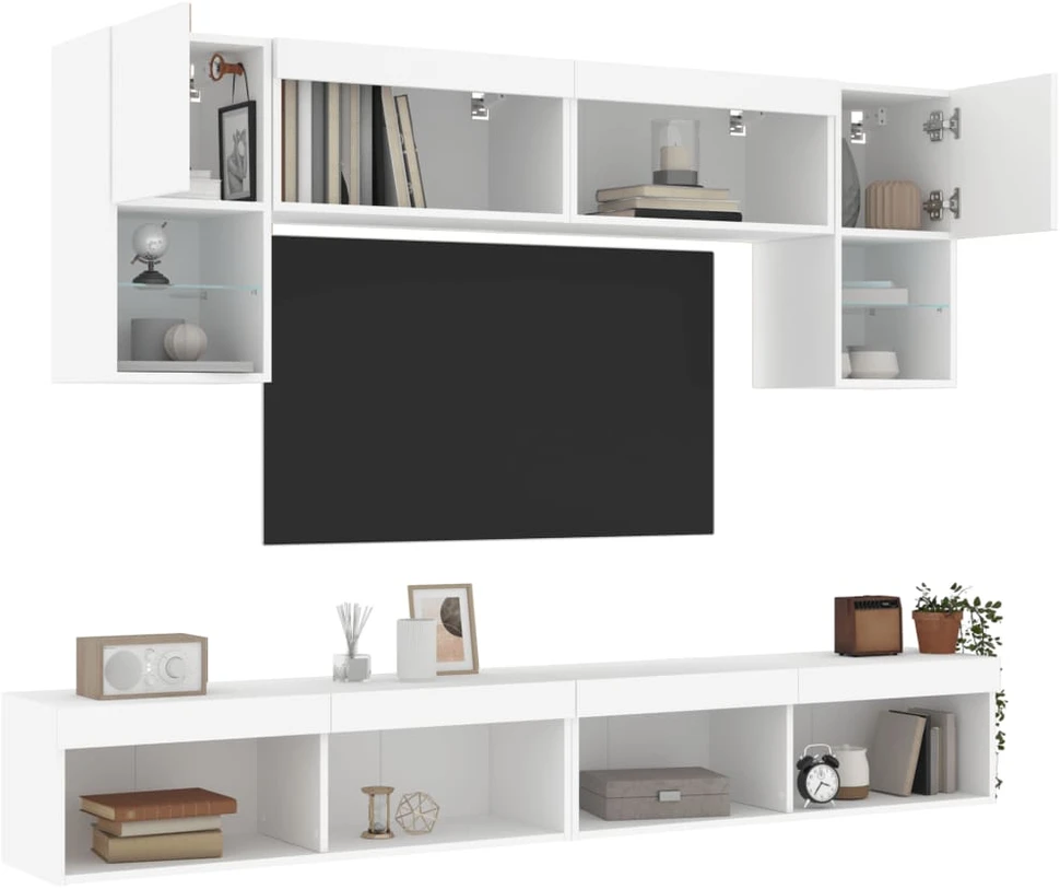 TV staliukas Sieninė TV sekcija su LED, 6 dalių, balta, apdirbta mediena