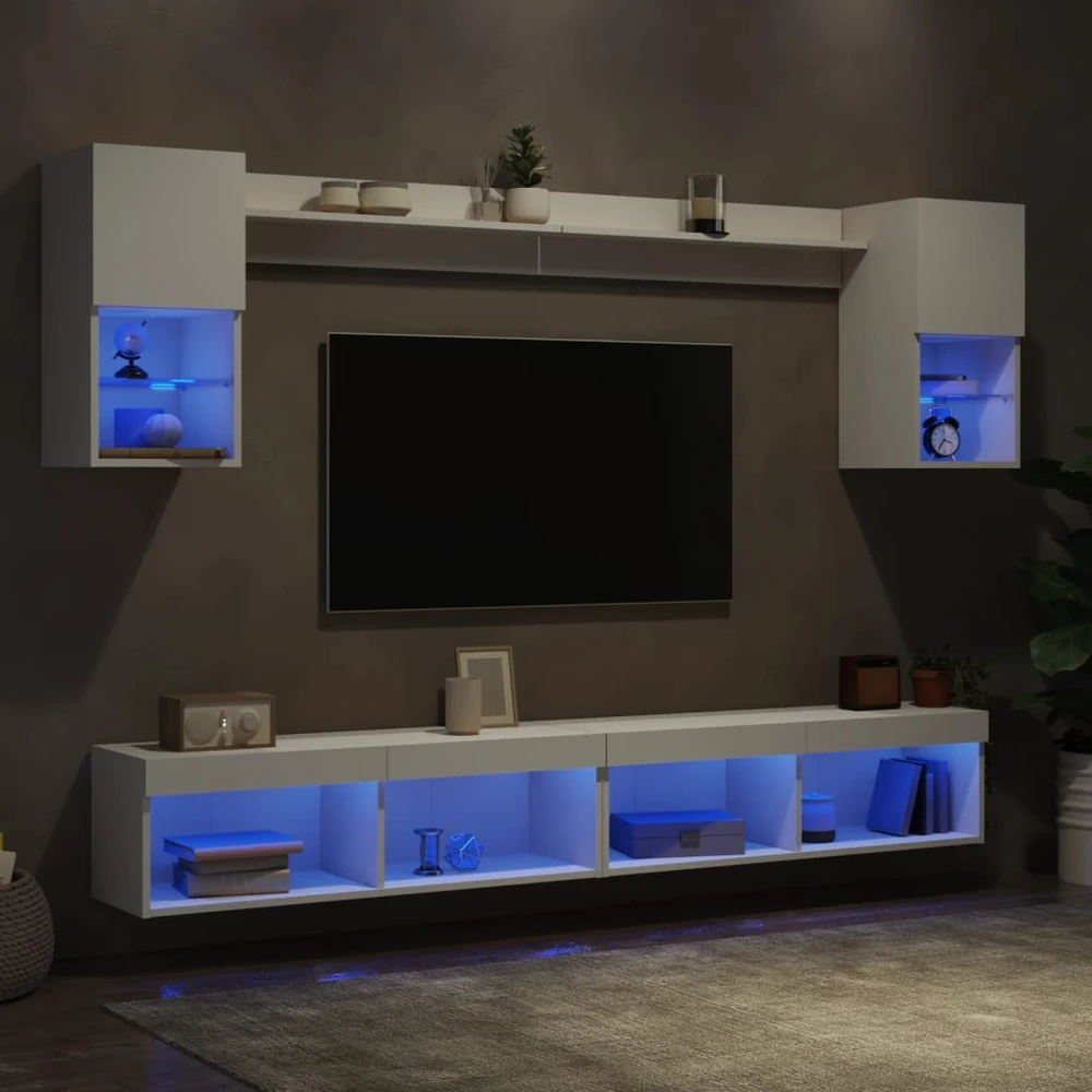 TV staliukas Sieninė TV sekcija su LED, 6 dalių, balta, apdirbta mediena