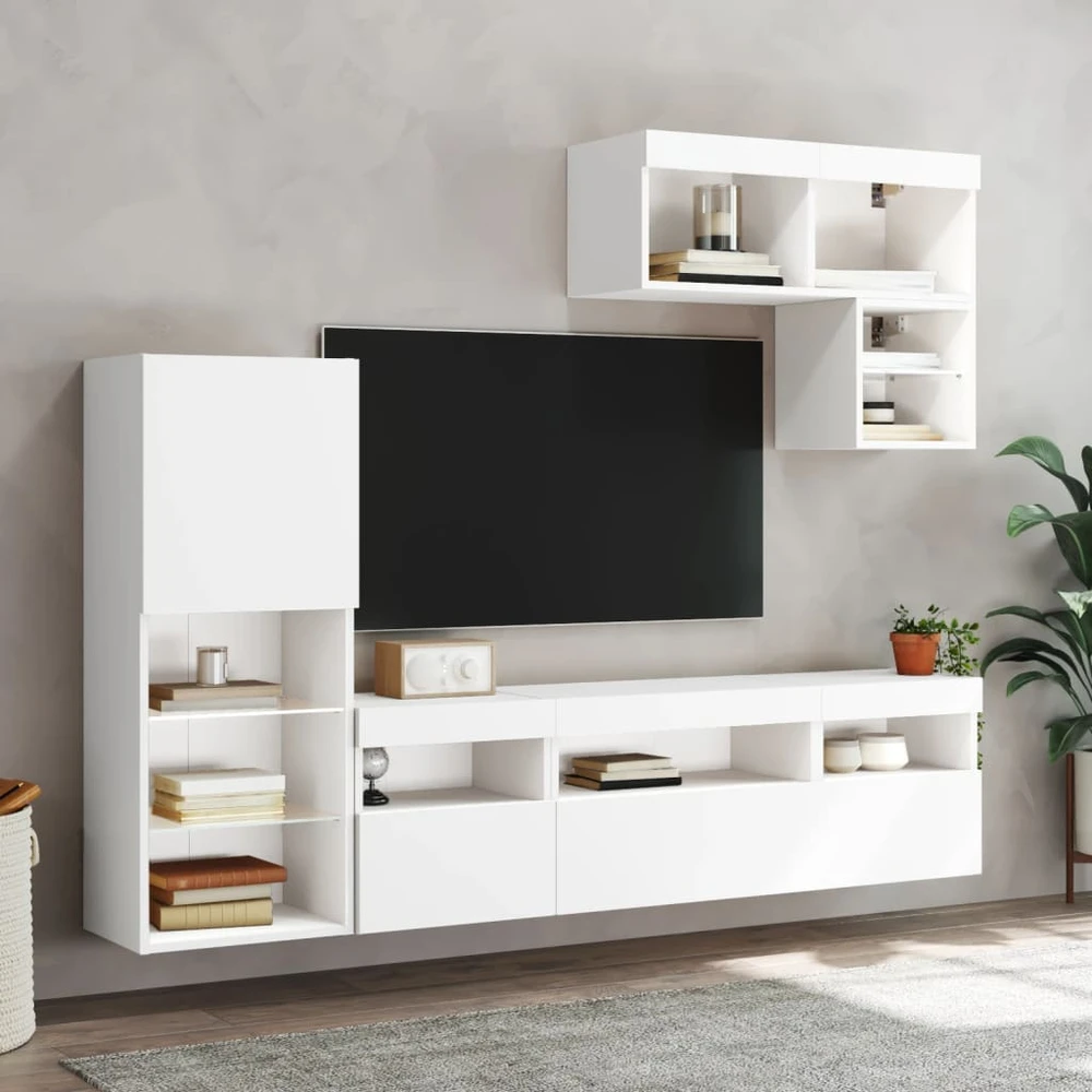 TV staliukas Sieninė TV sekcija su LED, 6 dalių, balta, apdirbta mediena