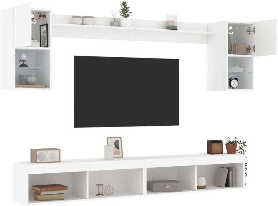 TV staliukas Sieninė TV sekcija su LED, 6 dalių, balta, apdirbta mediena