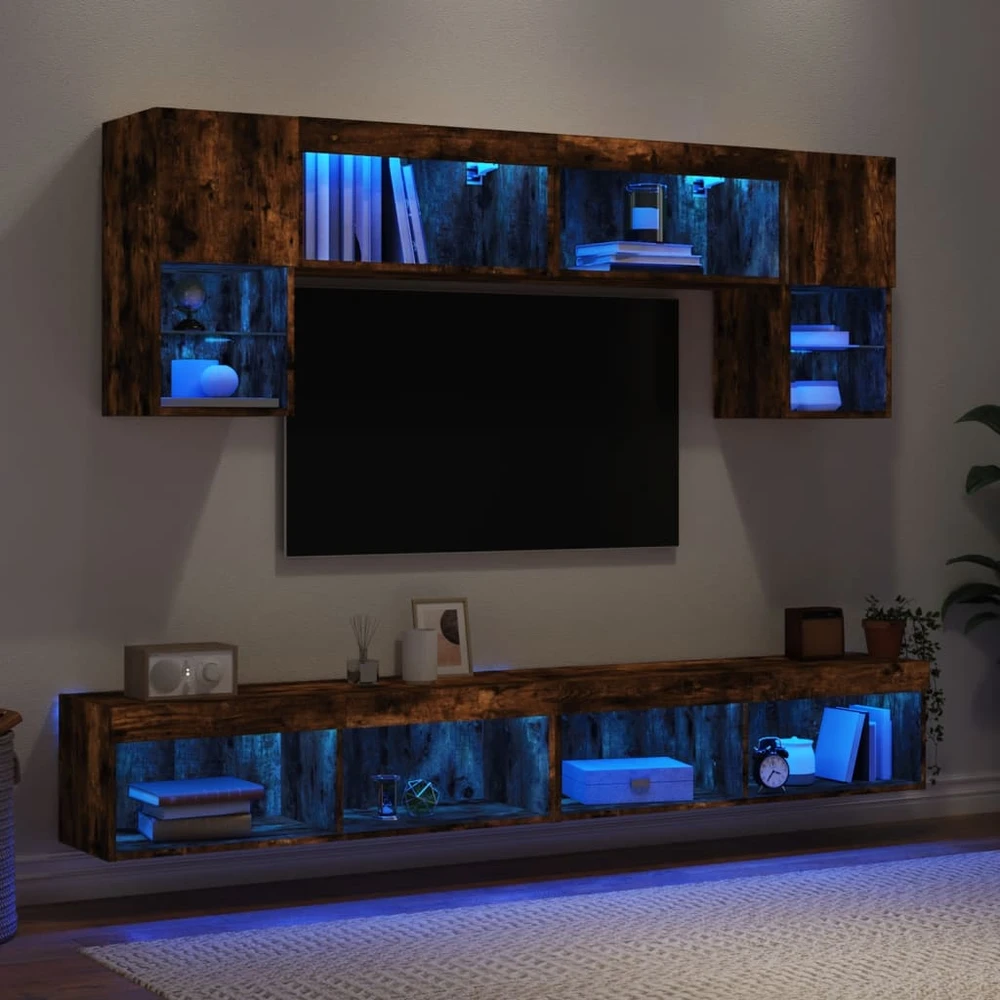 TV staliukas Sieninė TV sekcija su LED, 6 dalių, dūminio ąžuolo, mediena