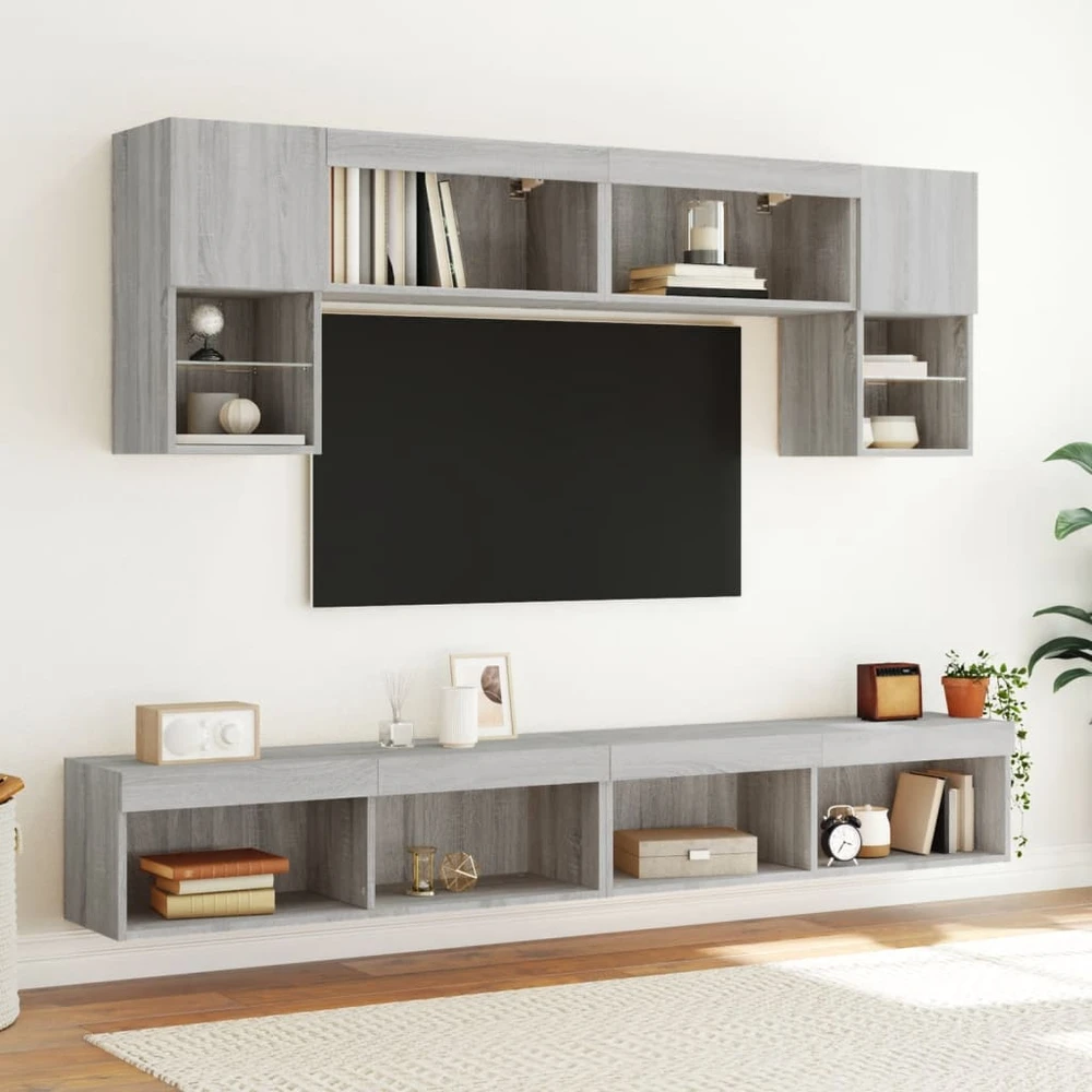 TV staliukas Sieninė TV sekcija su LED, 6 dalių, pilka ąžuolo, mediena