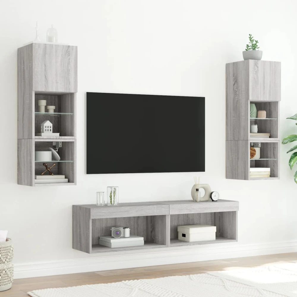 TV staliukas Sieninė TV sekcija su LED, 6 dalių, pilka ąžuolo, mediena