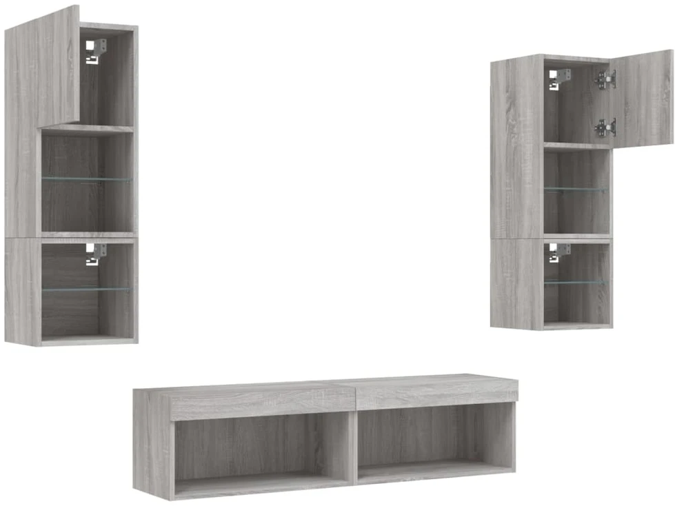 TV staliukas Sieninė TV sekcija su LED, 6 dalių, pilka ąžuolo, mediena