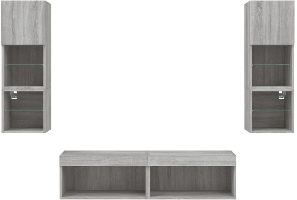 TV staliukas Sieninė TV sekcija su LED, 6 dalių, pilka ąžuolo, mediena