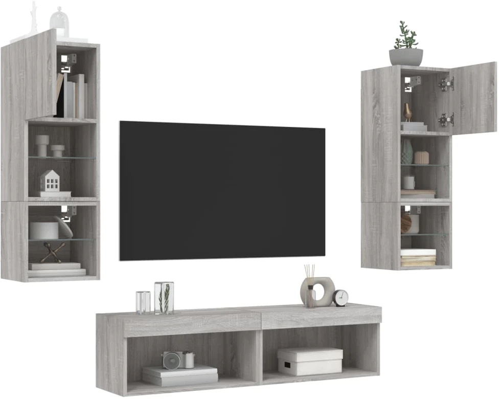 TV staliukas Sieninė TV sekcija su LED, 6 dalių, pilka ąžuolo, mediena