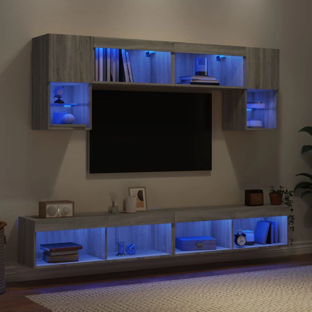 TV staliukas Sieninė TV sekcija su LED, 6 dalių, pilka ąžuolo, mediena