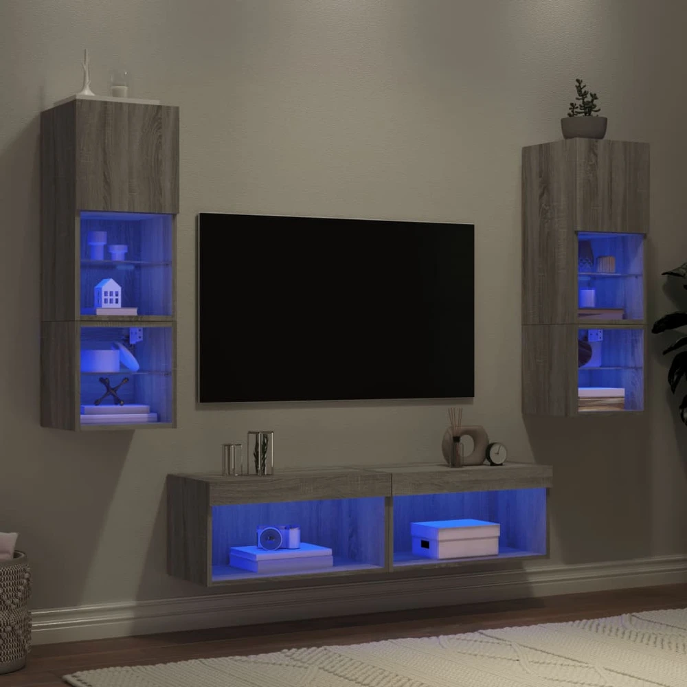 TV staliukas Sieninė TV sekcija su LED, 6 dalių, pilka ąžuolo, mediena