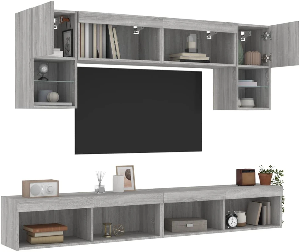 TV staliukas Sieninė TV sekcija su LED, 6 dalių, pilka ąžuolo, mediena