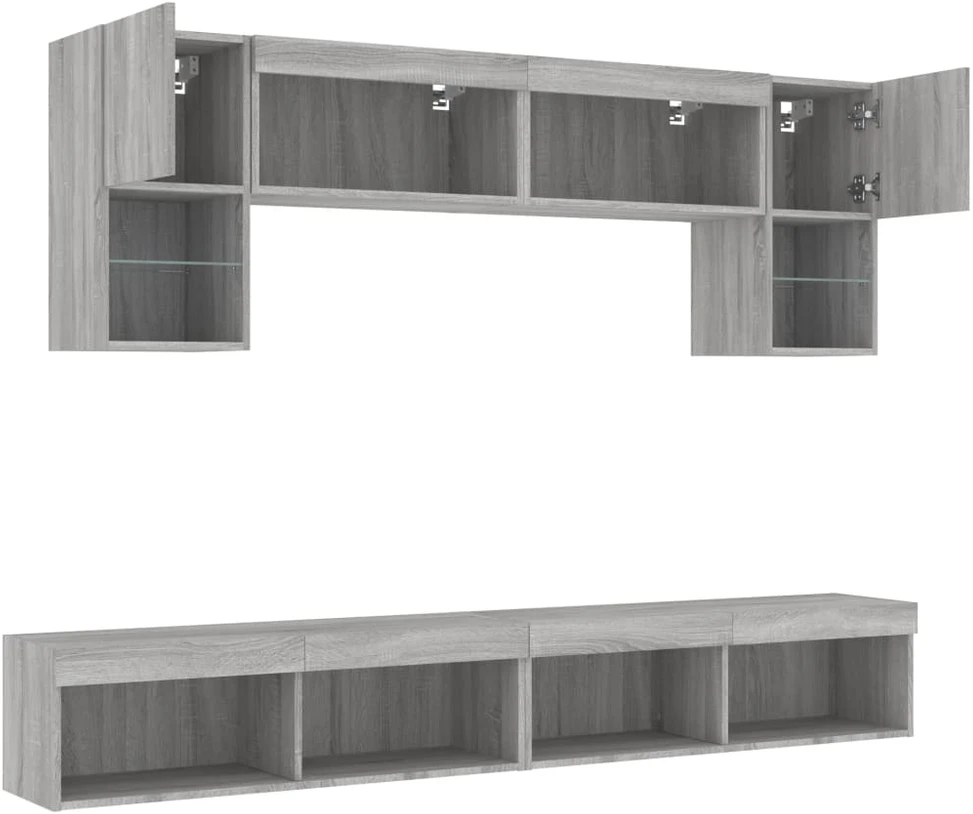 TV staliukas Sieninė TV sekcija su LED, 6 dalių, pilka ąžuolo, mediena