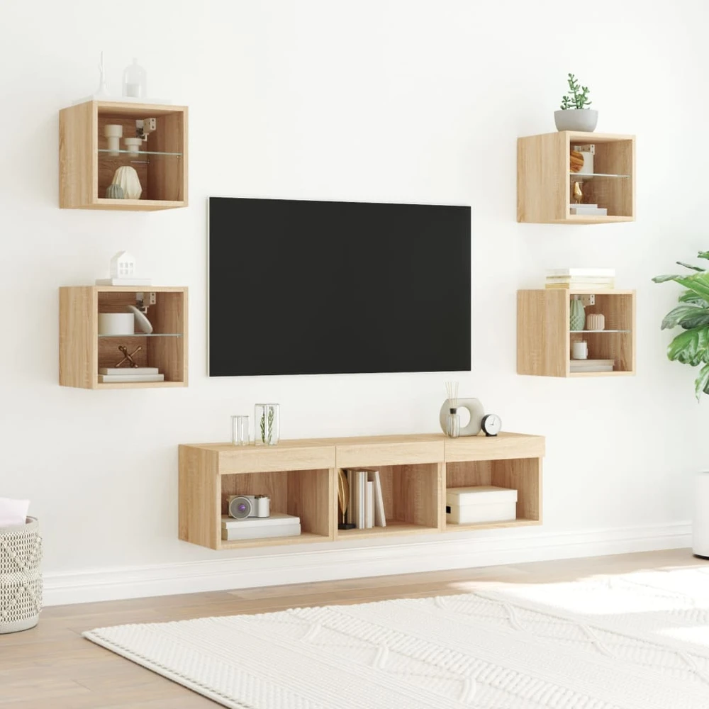 TV staliukas Sieninė TV sekcija su LED, 7 dalių, ąžuolo, apdirbta mediena