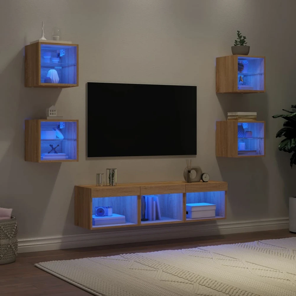 TV staliukas Sieninė TV sekcija su LED, 7 dalių, ąžuolo, apdirbta mediena