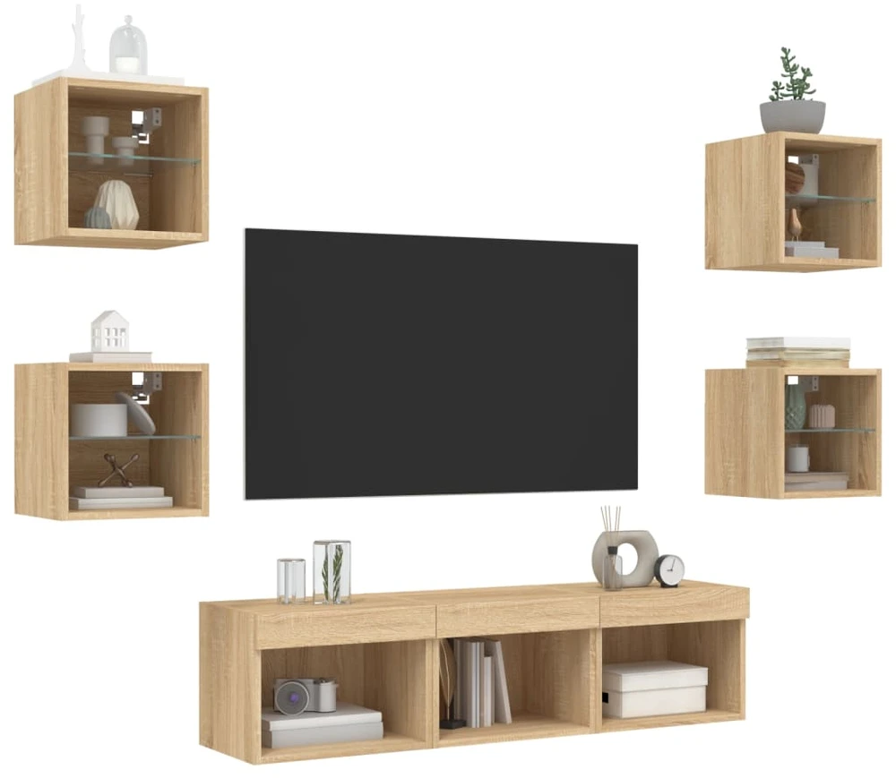TV staliukas Sieninė TV sekcija su LED, 7 dalių, ąžuolo, apdirbta mediena