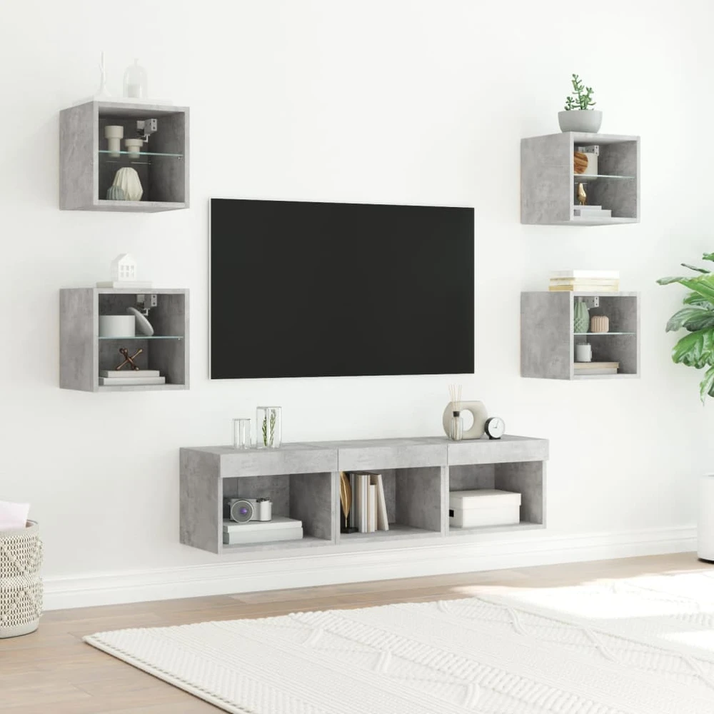 TV staliukas Sieninė TV sekcija su LED, 7 dalių, betono, apdirbta mediena
