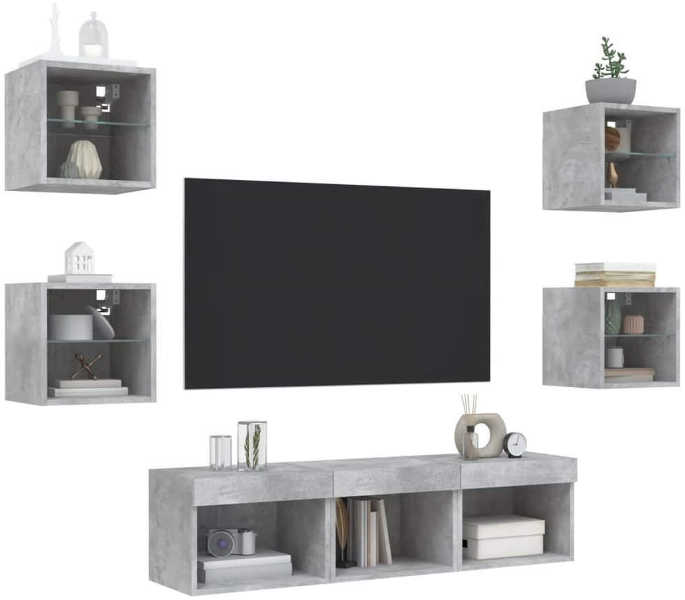 TV staliukas Sieninė TV sekcija su LED, 7 dalių, betono, apdirbta mediena