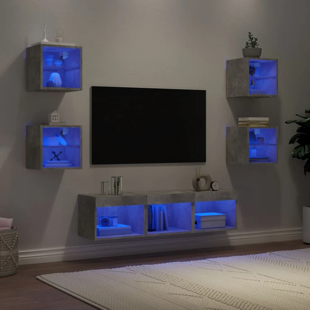 TV staliukas Sieninė TV sekcija su LED, 7 dalių, betono, apdirbta mediena