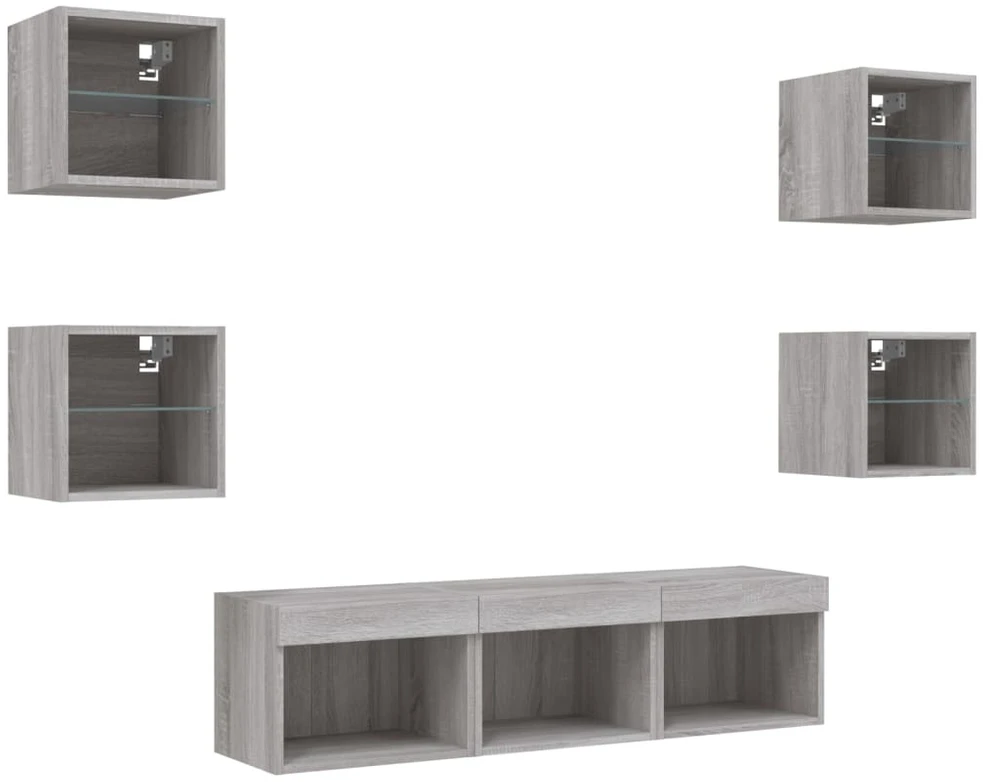 TV staliukas Sieninė TV sekcija su LED, 7 dalių, pilka ąžuolo, mediena