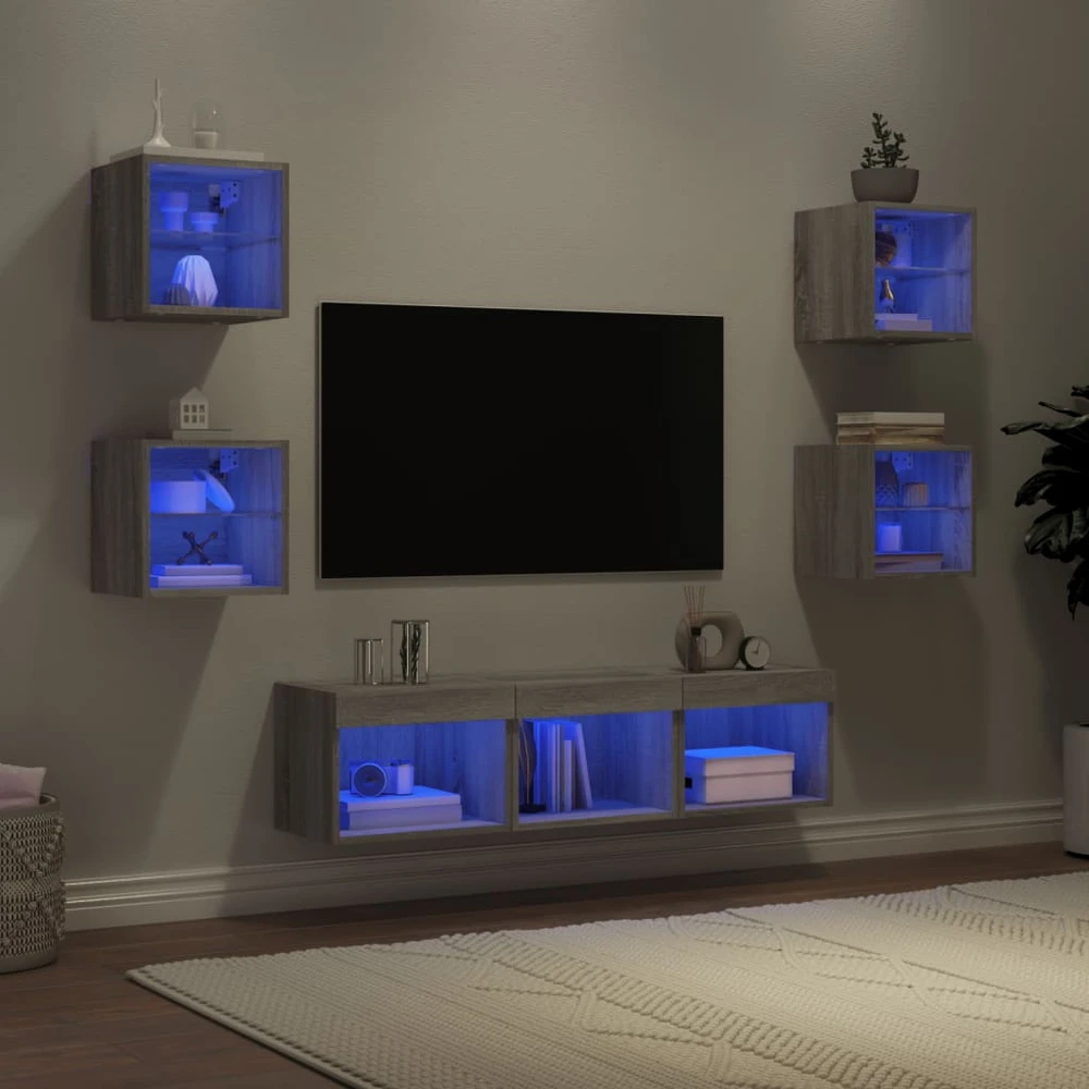 TV staliukas Sieninė TV sekcija su LED, 7 dalių, pilka ąžuolo, mediena
