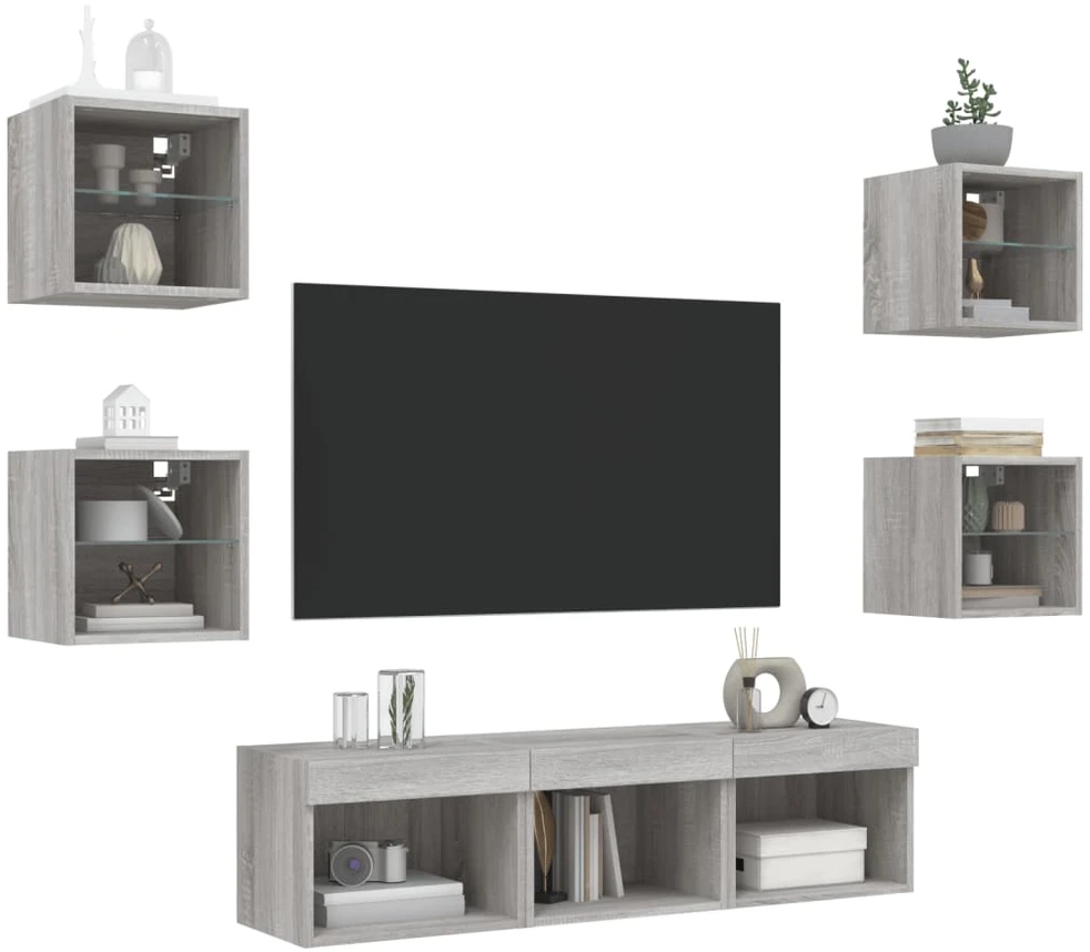 TV staliukas Sieninė TV sekcija su LED, 7 dalių, pilka ąžuolo, mediena