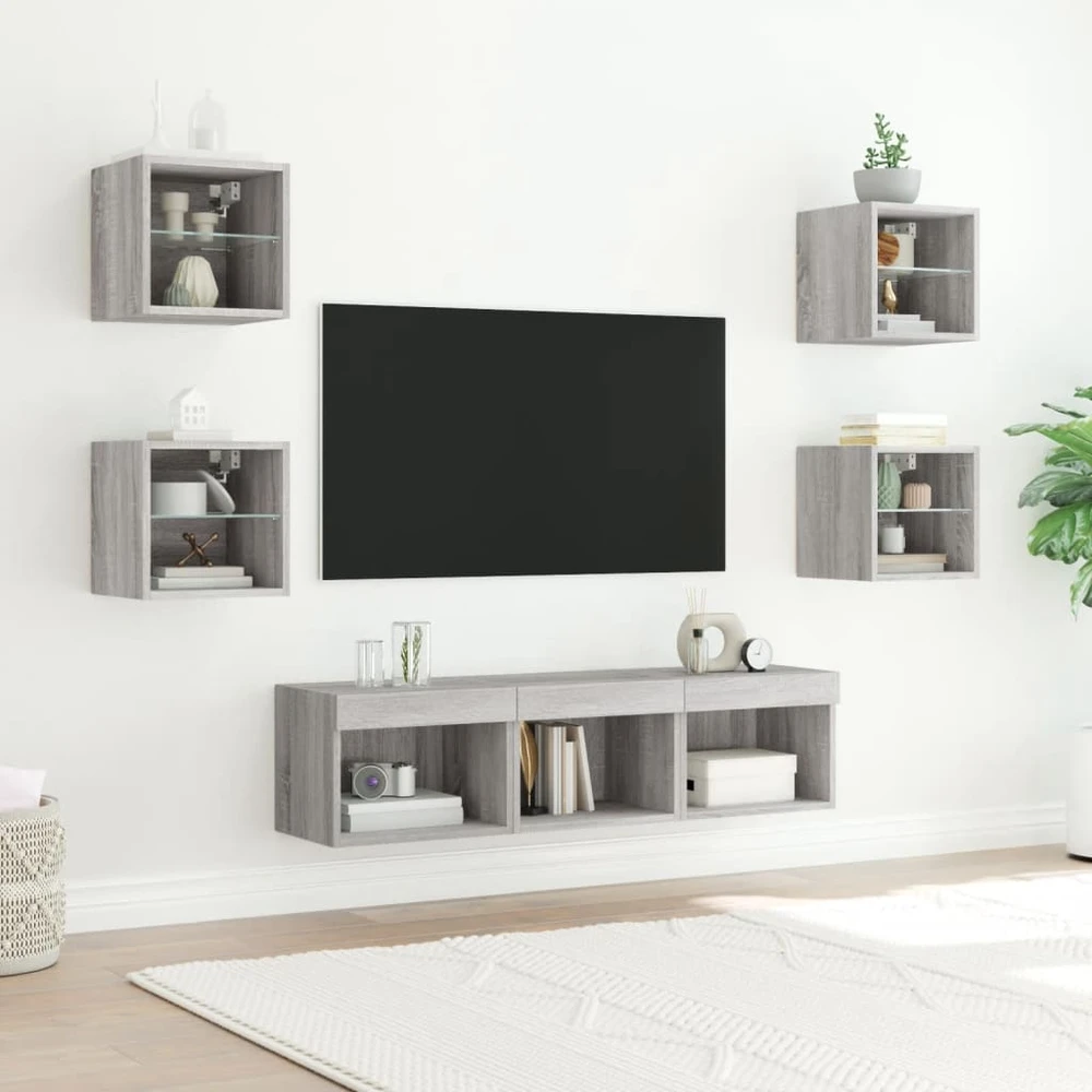 TV staliukas Sieninė TV sekcija su LED, 7 dalių, pilka ąžuolo, mediena
