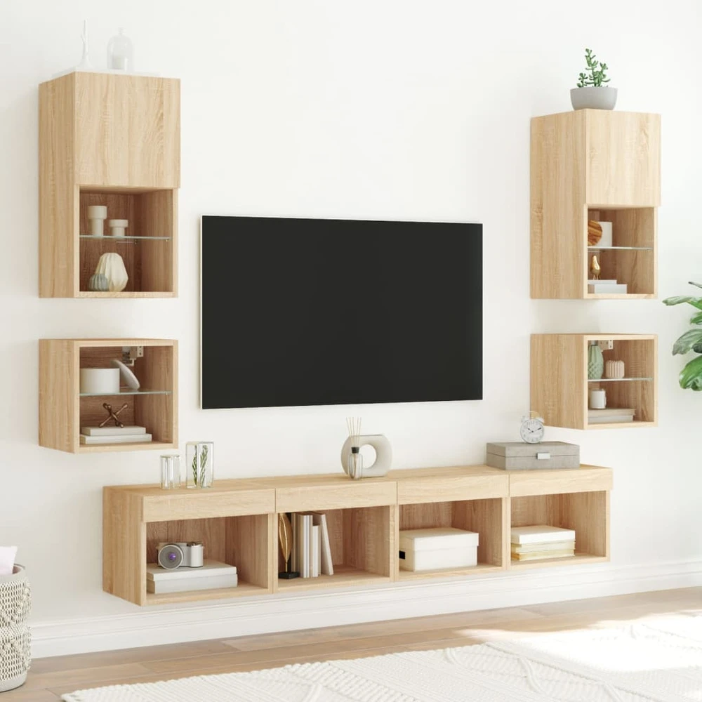 Sieninė TV sekcija su LED, 8 dalių, ąžuolo, apdirbta mediena