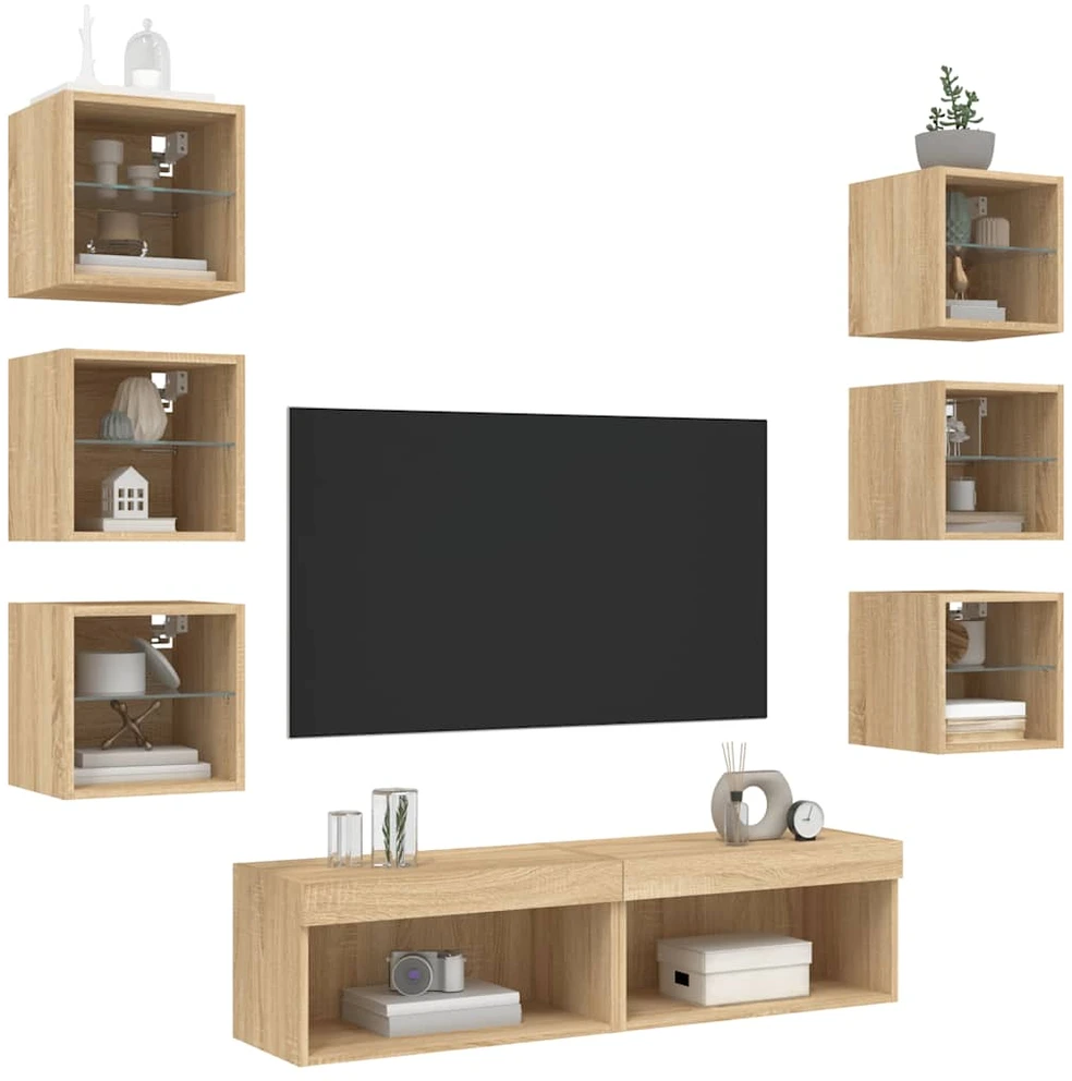 TV staliukas Sieninė TV sekcija su LED, 8 dalių, ąžuolo, apdirbta mediena