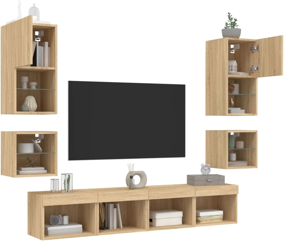 Sieninė TV sekcija su LED, 8 dalių, ąžuolo, apdirbta mediena