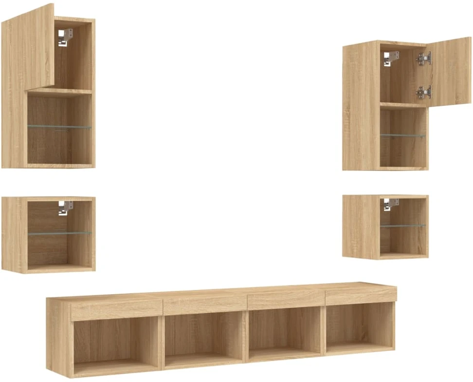 Sieninė TV sekcija su LED, 8 dalių, ąžuolo, apdirbta mediena