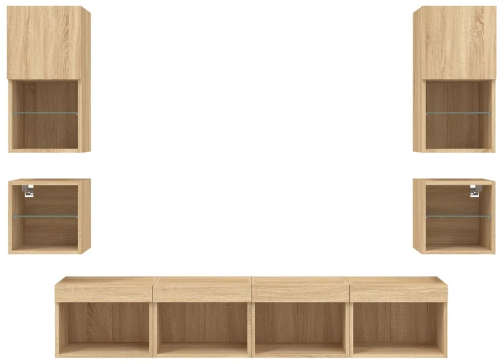 Sieninė TV sekcija su LED, 8 dalių, ąžuolo, apdirbta mediena