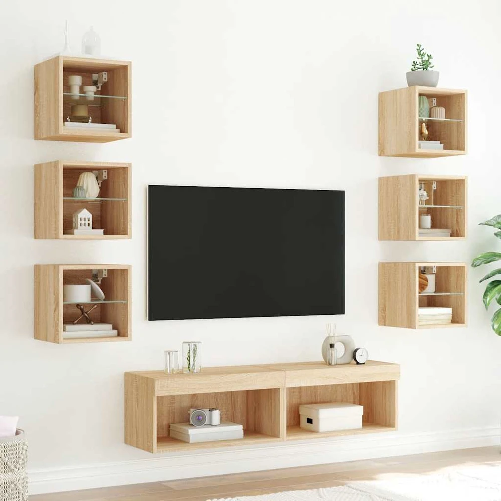 TV staliukas Sieninė TV sekcija su LED, 8 dalių, ąžuolo, apdirbta mediena