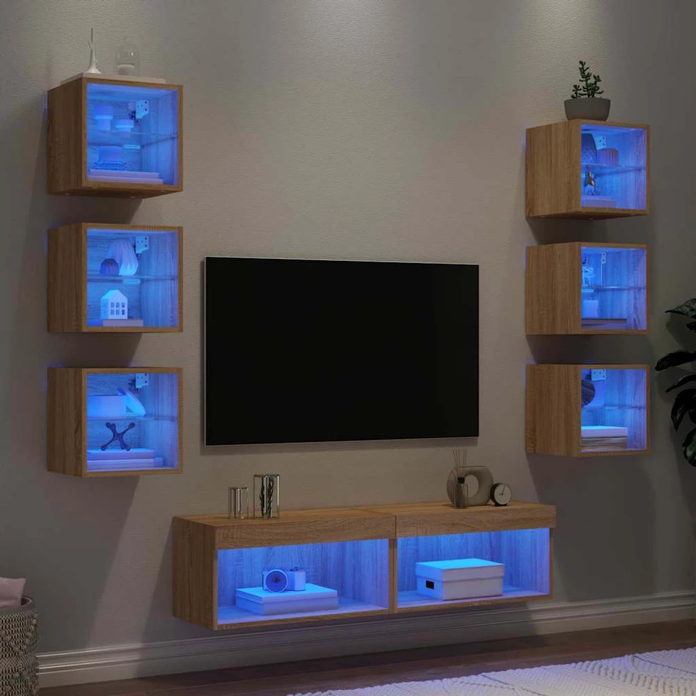 TV staliukas Sieninė TV sekcija su LED, 8 dalių, ąžuolo, apdirbta mediena