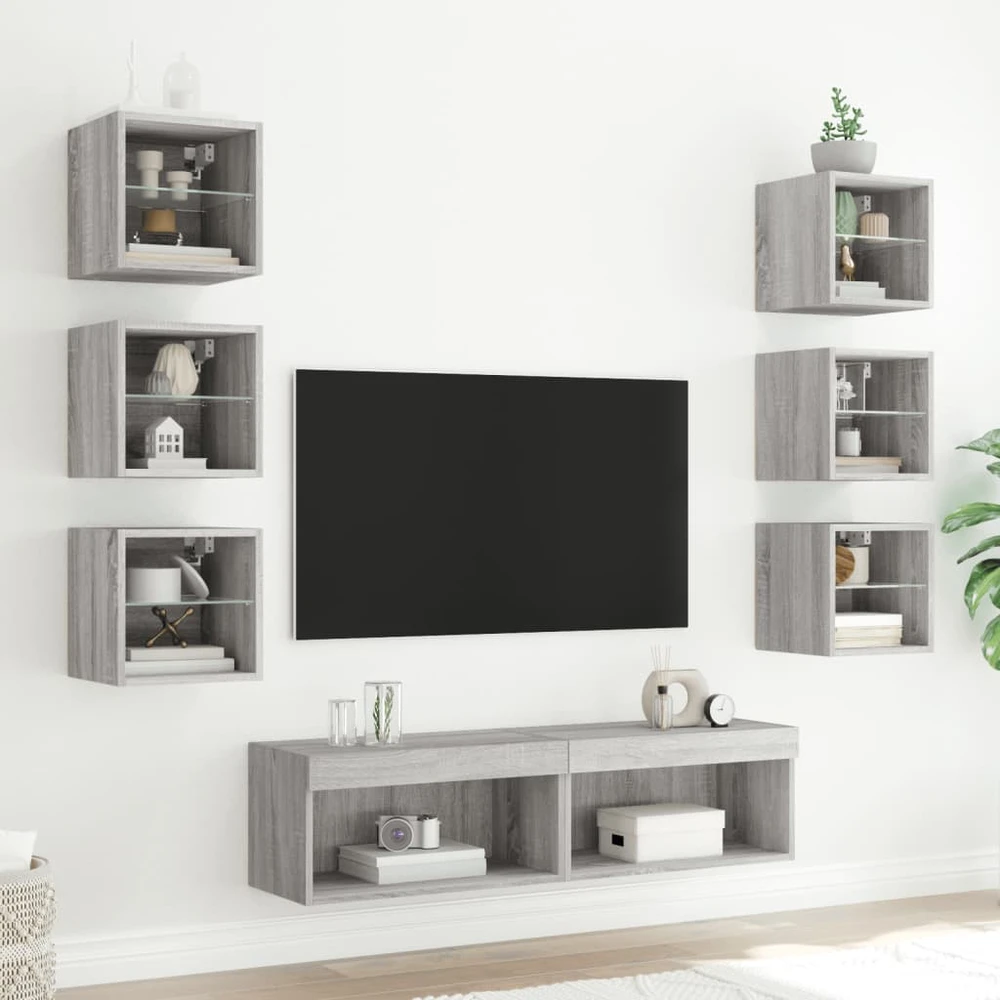 TV staliukas Sieninė TV sekcija su LED, 8 dalių, pilka ąžuolo, mediena