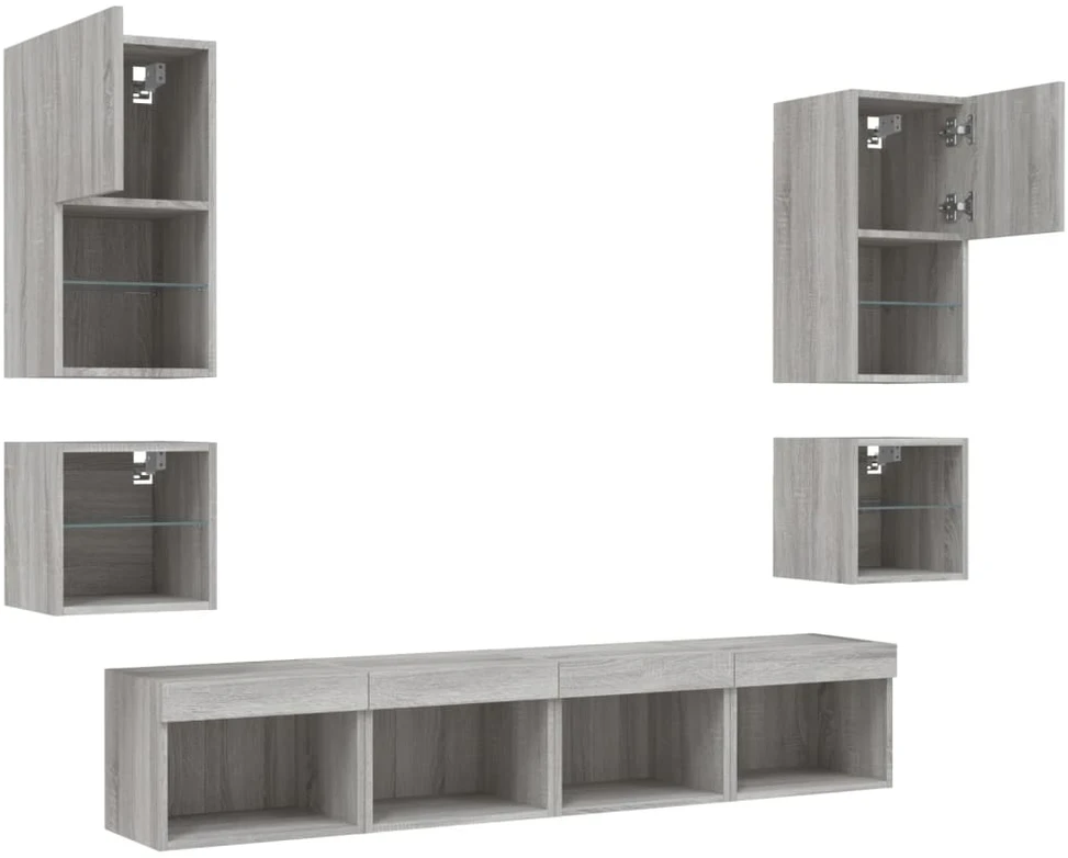 TV staliukas Sieninė TV sekcija su LED, 8 dalių, pilka ąžuolo, mediena