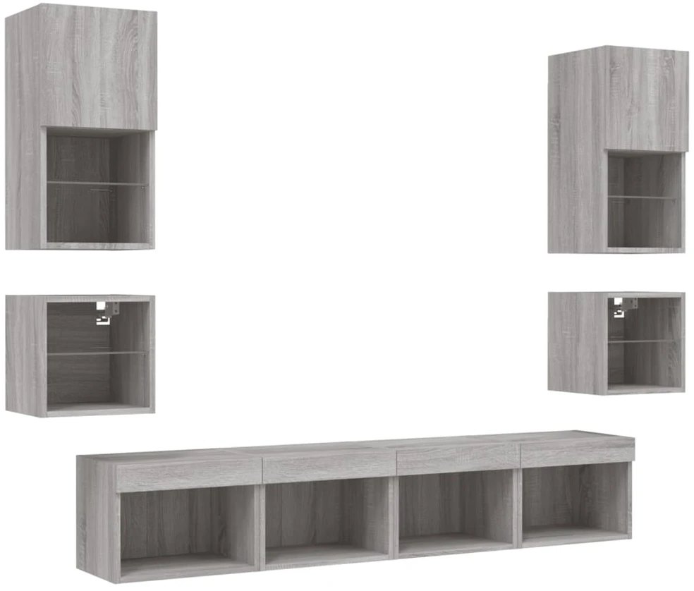 TV staliukas Sieninė TV sekcija su LED, 8 dalių, pilka ąžuolo, mediena