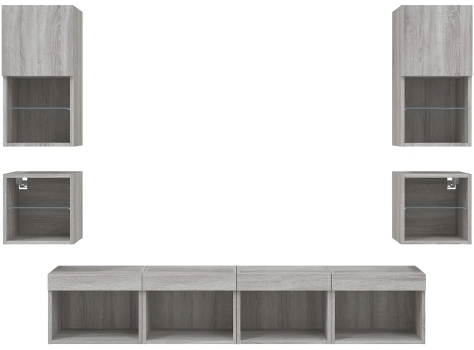 TV staliukas Sieninė TV sekcija su LED, 8 dalių, pilka ąžuolo, mediena