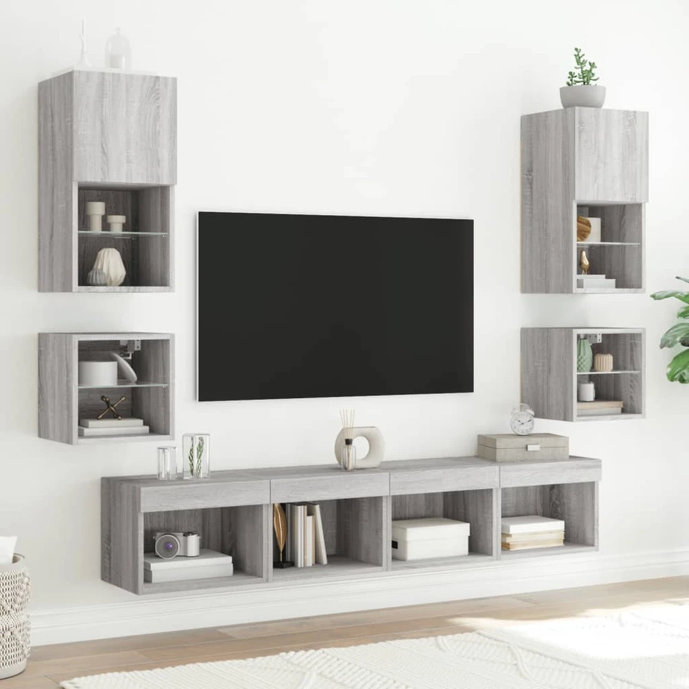 TV staliukas Sieninė TV sekcija su LED, 8 dalių, pilka ąžuolo, mediena