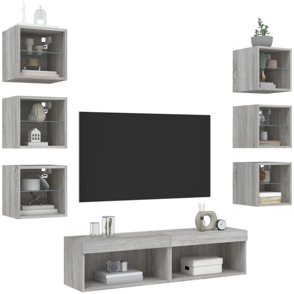 TV staliukas Sieninė TV sekcija su LED, 8 dalių, pilka ąžuolo, mediena