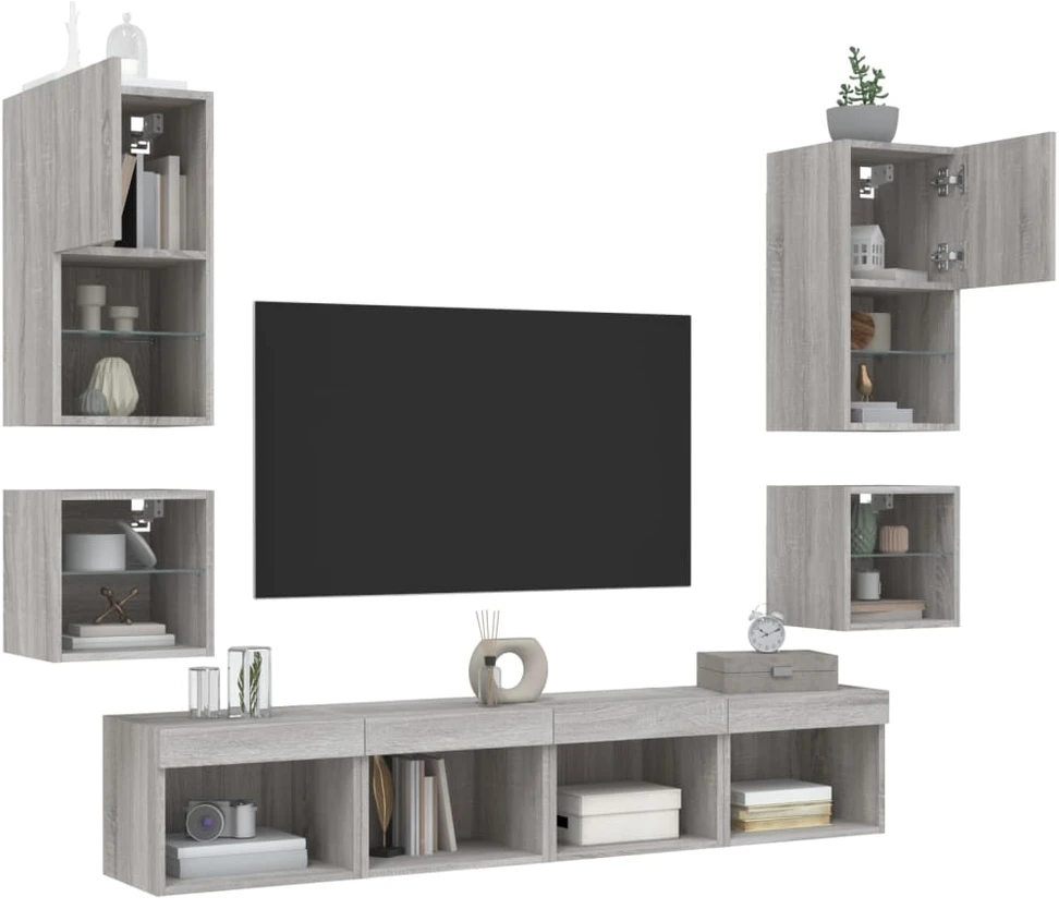 TV staliukas Sieninė TV sekcija su LED, 8 dalių, pilka ąžuolo, mediena